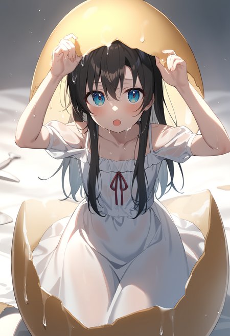 1girl,sincos, ningen mame, toosaka asagi,
hatching, eggshell, looking at viewer, open mouth, arms up, crack, slime (substance), suggestive fluid, hands up, white dress, ,wet,wet clothes, wet hair, <lora:hatching_XL_v1:0.8>
best quality, very aesthetic, absurdres,