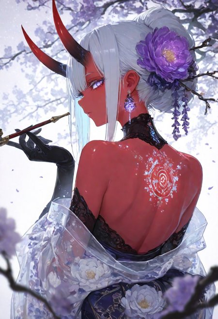 (EyesHD:1.2), (4k,8k,Ultra HD), masterpiece, best quality, ultra-detailed, very aesthetic, sharp focus, depth of field, ray tracing, best lighting, detailed illustration, detailed background, cinematic, glowing particles, shinny, glitter, beautiful face, beautiful eyes, 
BREAK
ambient occlusion, raytracing, soft lighting, blum effect, masterpiece, absolutely eye-catching, particles, glow, shining, intricate cinematic background, 
BREAK
masterpiece, amazing quality, best quality, ultra-detailed, 8K, illustrating, CG, clear skin, ultra-detailed-eyes, detailed background, cute girl, eyelashes
BREAK
Aka-Oni, oni, colored skin, (red skin:1.3), smooth horns, black horns
BREAK
earrings, from behind, holding, kimono, official alternate costume, back, looking back, holding smoking pipe, looking at viewer, oves, flower, floral print, kiseru, elbow gloves, petals, see-through,
purple flower, white flower, peony \(flower\), portrait,  blurry foreground, branch,
inematic, epic,