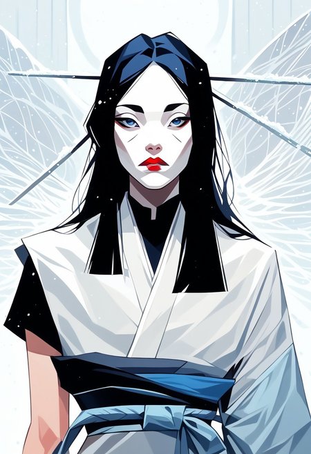 score_9,score_8_up,score_8,score_9,(((pastel colors, high contrast,expressiveh,solo focus, ))), (1girl)  rimlight, Asian, White face, Kuroku, white Japanese clothes, white clothes, white background, long hair, black hair, red lipstick, hair ornament, museum background, blue sash, kimono, holding kunai, one sleeve,  snowing, large blue eyes, one sleeve,museum, curvy, wide hips, gorgeous face,