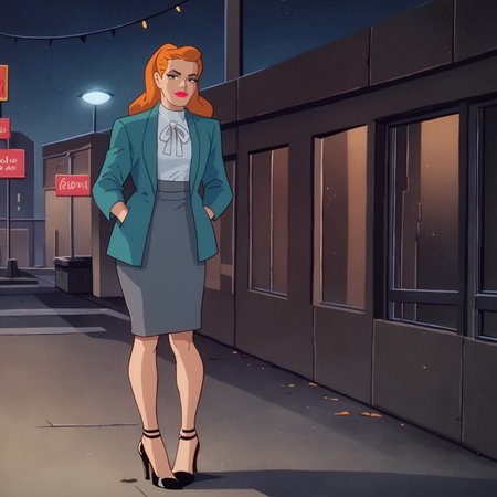 safe_pos, score_9, score_8_up, score_7_up, solo, 1girl, lipstick, makeup, long hair, orange hair, brown eyes, aqua jacket, white shirt, ribbon, pencil skirt, grey skirt, high heels, looking at viewer, Summer Gleeson, middle of the city, street, night, standing, seductive, flirting