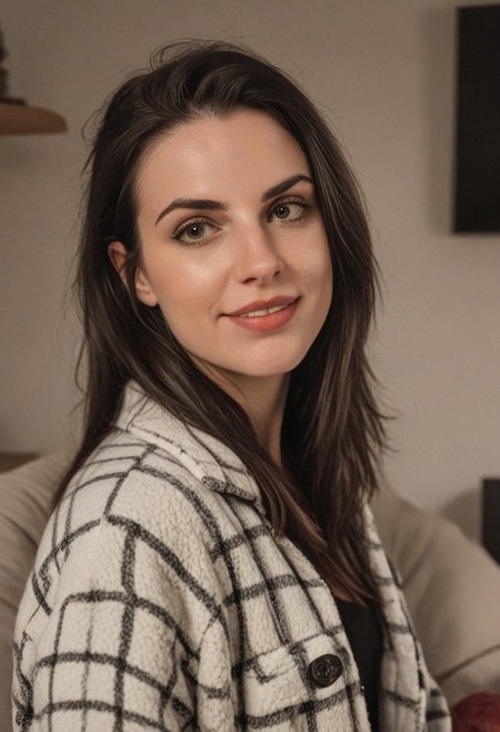 30yo woman wearing Plaid Polar Fleece Shacket with white textures 
long black dark hair slick back and smooth. Kissface. 
smile. Looking at camera. POV.
happy. 
Living room. Fully furnished.
Night time.
Portrait.