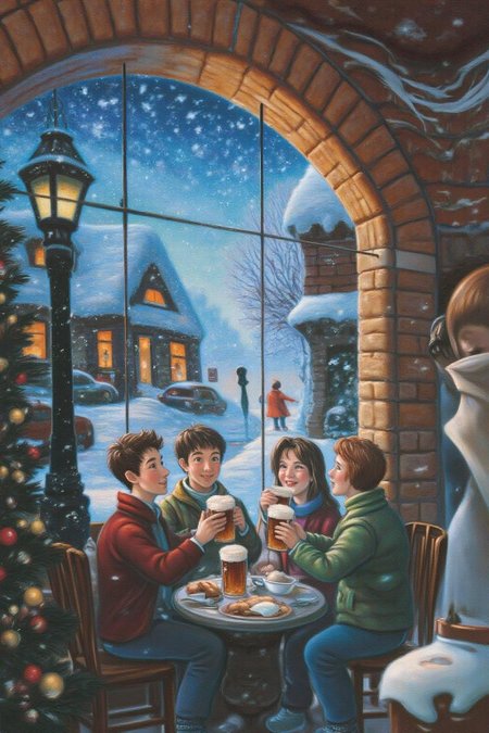 magr1 illustration.
A winter scene set in a cozy, festive tavern. The background shows a snowy, quaint village with glowing, warmly lit houses and a snow-covered street. The interior of the tavern is warm and inviting, with a large arched window that frames the snowy view outside. Inside, two boys and a girl are gathered around a table, drinking root beer. <lora:magr1_cap_d6a3e12:1.0><lora:828041670290527630:0>
