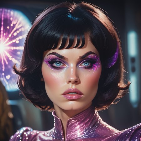 Score_9, score_8_up, score_7_up, score_6_up, BREAK  <lora:70sSci-FiMoviePony:1>  ArsMovieStill, movie still from a 1970s technicolor Sci-Fi movie, The image is a close-up portrait of a woman's face. She has a serious expression with her eyes looking directly at the camera. Her hair is styled in a short bob with bangs. Her makeup is dramatic with a pink and purple glittery eye makeup look. The background is blurred but it appears to be a room with multiple televisions. The overall mood of the image is futuristic and edgy., 1girl, parted lips, black hair, solo, lips, short hair, blue eyes, realistic, looking at viewer, portrait