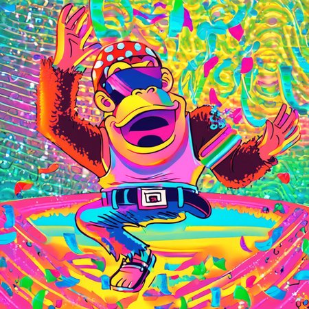 funky_kong, white tank top, belt, denim shorts, easynegative, synthwave-galaxy, party, discotheque, club, funky_kong dj'ing, dj, music, partying, dancing, laughing, having a good time, colorful