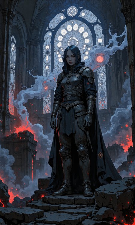 Undead queen in elaborate regal armor adorned with arcane crystals, ethereal haunting beauty, commanding an enchanted legion of risen souls, gothic cathedral backdrop with intricate stained glass motifs, misty atmosphere, female warlock with mystical aura exuding power, glowing spectral magic, eerie landscape with wisps of fog, 8k resolution, fantasy masterpiece, capturing her enigmatic and terrifying allure, blending necromancy and enchantment in visual storytelling, chiaroscuro lighting highlighting her command and mystique, meticulously detailed fantasy art imbued with surreal emotion <lora:Mezzotint_Artstyle_for_Flux_-_by_Ethanar:0.4> <lora:Hand v2:0.9> <lora:Comic book opus 3:0.5> <lora:Let_It_Blaze_in_Crimson_anime_v1.0:0.8> <lora:flux_dev:1>