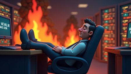 A datacenter security agent is sleeping on his chair, feet on the desk, and leaning back. Behind him, the datacenter is on fire with flames and smoke rising. Monitors in the room display the message \"WE WILL BE BACK SOON\". The style is a cartoon made with clay, adding a playful and humorous touch to the chaotic scene. 