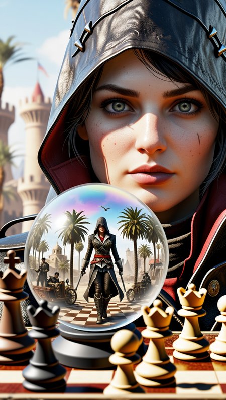 (epic:1.2), trending on artstation, (high quality:1.2), (masterpiece:1.2), high details, incredibly absurdres, colorful), (Leonard Boyarsky Style:1.17), (Cyberpunk:1.27), (melancholy:1.25), (quirky:1.16), (Fantasy Art:1.33), (Outsider Art:1.25), (low_angle:1.36) (telephoto shot:1.14) ,, (character: Assassin's Creed Syndicate, (Evie Frye:1.16)), detailed eyes, perfect eyes, Proper Anatomy,  , (color scheme:(iridescent:1.33)),(object:Board Game Pieces, (chessboard:1.24) (liquid glass sphere:1.21) ( split depth:1.36)), (location:(desert, palm trees, cati:1.27))