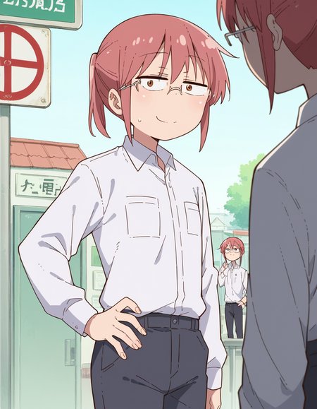 score_9, score_8_up, score_7_up, source_anime, <lora:dragon-kobayashi-s2-ponyxl-lora-nochekaiser:1>, kobayashi, ponytail, pink hair, glasses, short hair, brown eyes,, shirt, long sleeves, white shirt, collared shirt, pants, black pants, office lady,, bus stop, waiting, commuter, smartphone, checking time, cold morning, , looking at viewer, smug, hand on hips,, solo,, dutch angle,