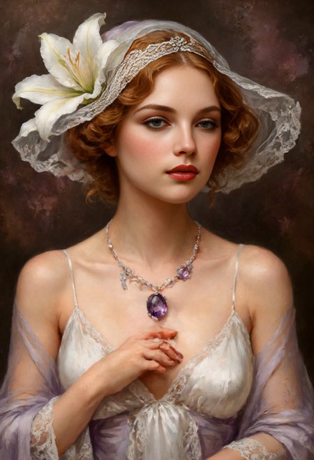 A full-body oil painting of A French Maiden in the Belle Ãpoque Embracing the elegance of the ((ArtDeco)) era, she embodies the grace of a lily with (loose waves adorned with white highly revealing transparent laces), eyes aglow with sensual delight, ((embellishing blush)), (white translucent skin, pale skin, royal fair, porcelain white like skin, with a hint of freckles) ((dressed in her skimpy attire tailored for temptation)), featuring soft white fabrics and delicate (flourished patterns, natural floral ornaments), accessorized with an ((amethyst necklace)) and a (white lily-colored velvet full-body veil inspired by Art Deco, lace-accented and blossoming). Completing her ensemble, she wears (lavender silk stockings with garter straps). inspired by the alluring art of Janis RozentÄls and (Anselmo Govi). <lora:add-detail-xl:1> <lora:aidmaMidjourneyV6.1-v0.1:0.5> <lora:SDXLFaeTastic2400:0.5>
