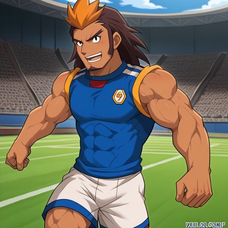 Score_9, cartoon source, toon source, high Quality,  wolfconf,  1boy, solo,  HIJIKATA RAIDEN, Brown hair, black eyes, muscle body, two-tone hair, dark skin, soccer uniform (white shorts, blue sleeveless shirt), muscle arms, goatee, soccer camp,
