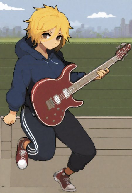 masterpiece, best quality, newest, absurdres, highres, (pixel art:1.3), outdoors, closed mouth, 1girl, solo, dimaria, brown eyes, bangs, short hair, blonde hair, hair between eyes, hoodie, sweatpants, holding instrument, electric guitar, dynamic pose, full body, sneakers, cityscape  <lora:Dimaria_Yesta_all_in_one_last_Illustrious:1>