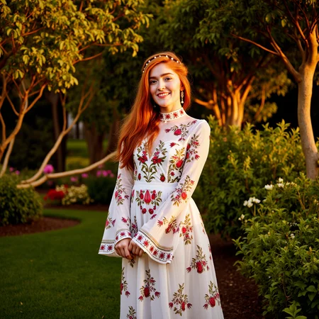 surrealist art Art Nouveau style A beautiful redhead woman wearing a stylish, flowing bohemian high neck dress adorned with intricate floral patterns. The dress has long, bell-shaped sleeves and a layered skirt that dances gracefully as she moves. Her hair is styled in loose waves with a subtle braided crown. She stands in a lush garden filled with vibrant flowers and greenery, illuminated by warm, golden sunlight. Her expression is serene and joyful, complementing the natural beauty of the scene, at night, beautiful smile, sensual pose, playfully smiling  <lora:jialissa-ultimatev2:1> . elegant, decorative, curvilinear forms, nature-inspired, ornate, detailed . dreamlike, mysterious, provocative, symbolic, intricate, detailed