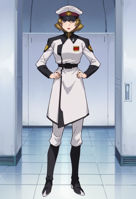 score_9,score_8_up,score_7_up,score_6_up,score_5_up,score_4_up,anime coloring,source_anime,<lora:Talia_Gladys_SEED_Destiny_Pony:0.8>,talia,1girl,solo,blue eyes,blonde hair,short hair,lipstick,peaked cap,white coat,white pants,black boots,standing,hands_on_hips,indoors,looking_at_viewer,