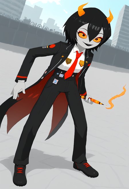 score_9, score_8_up, score_7_up, HD, best quality, masterpiece, detailed, minimalist, mspaint, 1girl, Niikou, d0nquix0tedef, Black hair, short hair, hair between eyes, horns, colored skin, grey skin, colored sclera, orange sclera, black lipstick, red eyeshadow, black coat, open coat, badge, long sleeves, white shirt, collared shirt, red necktie, black pants, high-waist pants, standing, happy, smiling, city alleyway, wand, magic, posing
