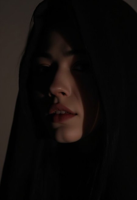 A mysterious young woman KTNK with her face partially obscured by a black veil. Only her face are visible, forming a enigmatic smile. The rest of the image is blurred, focusing solely on her lips. The lighting is soft, casting a faint shadow over her face, adding to the intrigue. The scene feels intimate and secretive.