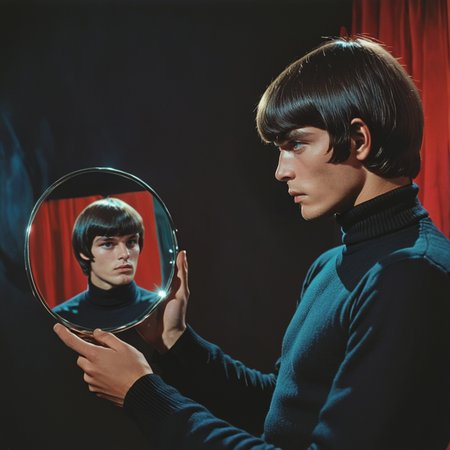 <lora:60s_Psychedelic_MovieSDXL:1> ArsMovieStill, movie still from a 60s psychedelic movie, The image is a portrait of a young man holding a round mirror in his hand. The mirror is reflecting the man's face and the surrounding area. The man is wearing a black turtleneck sweater and has short dark hair that is styled in a bob with bangs. He is looking off to the side with a serious expression on his face. The background is dark and the lighting is red and blue creating a dramatic and moody atmosphere. The overall mood of the image is mysterious and contemplative., reflection, solo, mirror, profile, short hair, 1boy, upper body, male focus, long sleeves, black shirt