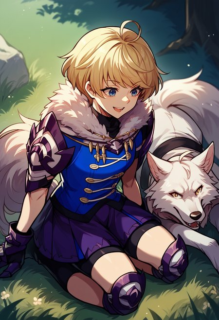 score_9, score_8_up, score_7_up, BREAK 1girl, kneeling, open mouth, smile, petting dog, <lora:MerrinFE-pdxl:1> defMerrin, short hair, ahoge, blue shirt, fur collar, turtleneck, short sleeves, elbow pads, gauntlets, purple skirt, pleated skirt, bike shorts, wolf tail, black thigh strap, knee pads, armored boots, outdoors, grass