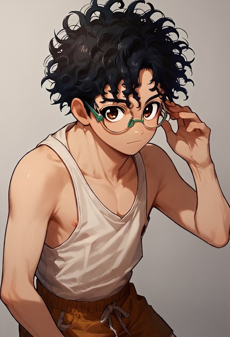 score_9, score_8_up, score_7_up,1boy, solo, cute boy, okarun, black hair, curly hair, brown eyes, glasses, tank top, shorts, one nipple, male nipple