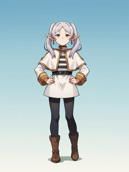 score_9, score_8_up, score_7_up, score_6_up, score_5_up, score_4_up, BREAK, source_cartoon, source_anime, 1girl, frieren, green eyes, grey hair, twintails, thick eyebrows, pointy ears, white capelet with long sleeves, earrings, black belt, black pantyhose and brown boots,
solo, full body, hands on hips, looking at viewer, simple background  <lora:FrierenXL:1>