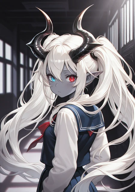 masterpiece,best quality,amazing quality,
<lora:flameglass:0.8>,flameglass,
1girl,horns,heterochromia,red eyes,long hair,blue eyes,pointy ears,grey skin,white hair,twintails,looking back,school uniform,school gateway,volumetric lighting,chromatic aberration,depth of field,