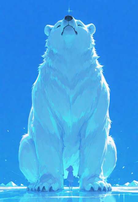 masterpiece, best quality, very aesthetic, absurdres, (anime coloring:1.2), dynamic lighting, ambient light, soft light, Rapscallionstyle, usnr, xxx667_illu, line art, 
 a giant polar bear, ice berg, white and blue background, cute Atmosphere,
high detail, sharp shading, centered composition, soft shadows