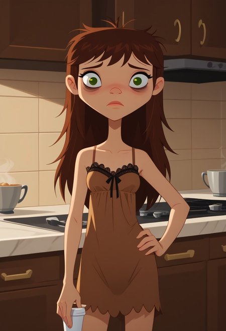 score_9, score_8_up, score_7_up, 1girl, solo,
 brown hair, green eyes, hair down, long hair, 
 perfect hands, show accurate, perfect anatomy, med body,
indoors, small perky breasts, kitchen, hand on hip, loose clothing, wear only lace nightgown, holding a cup of coffee in hand, sleepy eyes, bags under eyes, loose clothes,