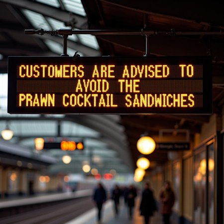 An old-fashioned British Rail matrix display board, resembling vintage British rail signs, is mounted above a busy railway platfom. It reads ("CUSTOMERS ARE ADVISED TO AVOID THE PRAWN COCKTAIL SANDWICHES")