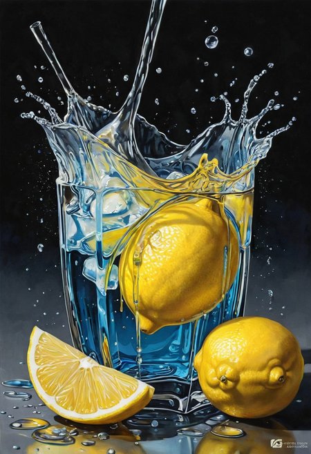 The act of extracting the bright yellow lemon juice, which drips into a glass filled with chilled ice cubes, is depicted in a vibrant, ultra-detailed splash art. This captivating scene is inspired by graffiti art, street art, and spray paint techniques. The interaction of oil gouache and acrylics creates a high-contrast, colorful, and polychromatic effect. The intricate details and outstanding quality of the artwork are reminiscent of the artistic prowess showcased on the CGSociety platform, accompanied by a distinct watermark.