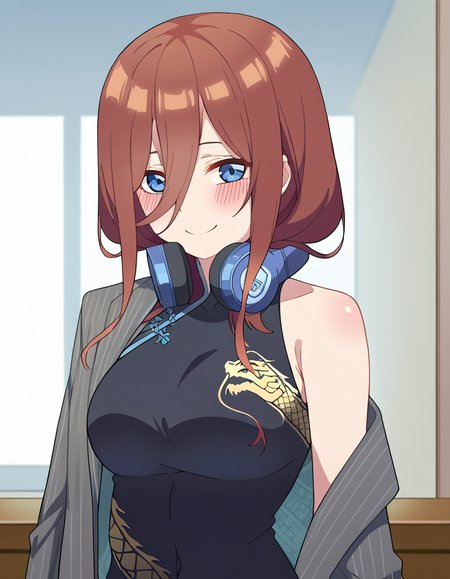 score_9, score_8_up, score_7_up, source_anime, mikunakano, <lora:miku-nakano-s2-ponyxl-lora-nochekaiser:1>, miku nakano, long hair, bangs, blue eyes, brown hair, hair between eyes, headphones, headphones around neck, large breasts,, <lora:blue-archive-kisaki-cosplay-ponyxl-lora-nochekaiser:1>, blue archive kisaki cosplay, kisaki (blue archive) (cosplay), dragon print, china dress, print dress, chinese clothes, pinstripe jacket, sleeveless turtleneck dress, cosplay, vertical-striped jacket, pinstripe pattern, pelvic curtain, striped coat, grey coat, black dress, sleeveless dress,, indoors, from side, blush, smile,, cowboy shot, looking at viewer