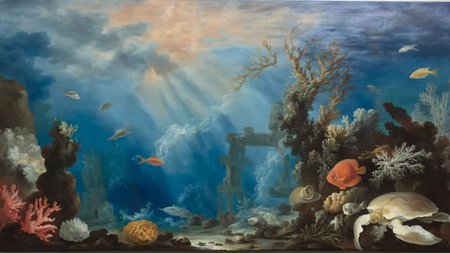 <lora:G30rg3B4rr3tSr_v1:1>, G30rg3B4rr3tSr oil painting, complex composition, underwater sea world, great coral barrier