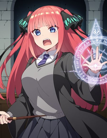 score_9, score_8_up, score_7_up, source_anime, <lora:nnakano-s2-ponyxl-lora-nochekaiser:1>, long hair, bangs, blue eyes, hair ornament, hair ribbon, pink hair, blunt bangs, two side up, butterfly hair ornament, large breasts,, <lora:hogwarts-school-uniform-ponyxl-lora-nochekaiser:1> hogwarts school uniform, black robe, holding wand, wand, necktie, striped necktie, collared shirt, sweater, pleated skirt, grey sweater,, open mouth, casting spell, energy, magic circle, glowing, indoors, castle, shouting, angry,, cowboy shot,