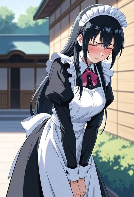 masterpiece, very aesthetic,8k,masterpiece, best quality, aoikuni, aoikuni, solo, blush, maid, closed eyes, long hair, maid headdress, black hair, 
, impressionism 1.5, high detail, depth of field, blurred background, dramatic lighting, outdoors,  ,SmoothNegative_Hands