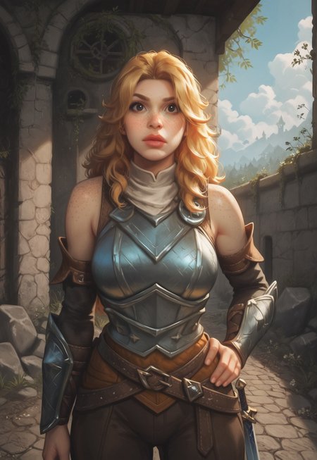 safe_pos, masterpiece, best quality, highly detailed, score_9, score_8_up, score_7_up, score_6_up, score_5_up, score_4_up, H4RD1NG, expressive, Expressiveh, zatanna, detailed background, clutter, dynamic pose, movement, dynamic, detailed background, clutter, movement, dynamic, abandoned, detailed clothing, detailed armor, detailed face, detailed eyes.

1girl, long hair, adventurers clothing, paladin armor, half plate armor, shield on back, sword on hip,

golden blonde hair, wavy texture, fringe. hair past shoulders.
Pale skin, lots of dark freckles, rosy nose and cheeks
lots of dark freckles, dark freckles on face, dark freckles on shoulders, dark freckles on neck.
Dark brown/black eyes
Button nose
Short and thick.
fantasy dwarf race.
plump lips.

Stone building background. wall, Abandoned, ivy, moss, flowers, rock, cobblestone,