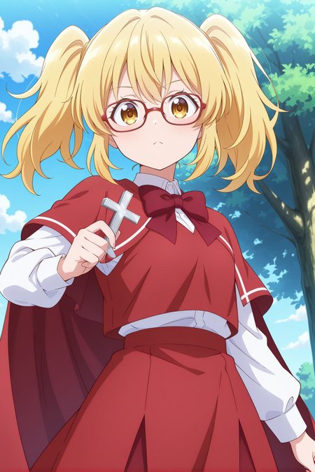 absurdres, highres, masterpiece, best quality, amazing quality, official anime artwork, screencap, anime screencap, outdoors, looking at viewer, dynamic pose,
 <lora:Chiyuri-Kitashirakawa_Illustrious:1> kitashirakawa chiyuri, 1girl, solo, yellow eyes, blonde hair, two side up, small breasts,, red bowtie, red capelet, red cape, red-framed eyewear, white shirt, long sleeves, red vest, red skirt, holding cross,