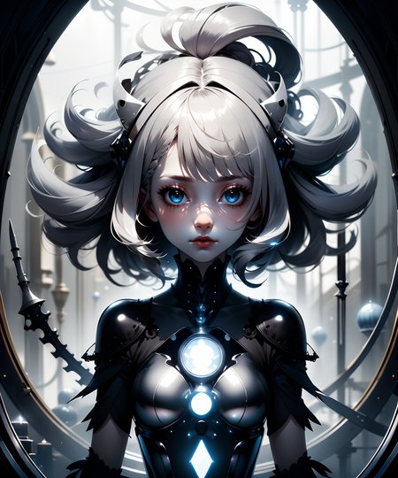 1woman, ({white|gray|black|titanium} straight hair:1.3), ((Gloomcore)), dark magical atmosphere, glowing, <lora:GoodHands-beta2:1>,  <lora:AnzhcDreamwave v3_1 watermark fix:0.6>