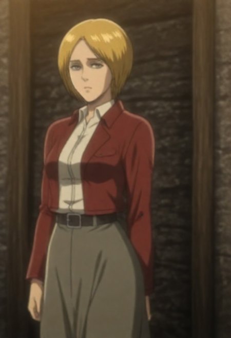 masterpiece, best quality, amazing quality,,, shiny skin,,,,,,,,Dina Fritz, DinaFritz, Dina_Fritz, \(Shingeki no Kyojin\), blonde hair, londe hair, blue eyes, short hair, Red Jacket, white shirt, long sleeves, collared shirt, long skirt, Grey skirt,