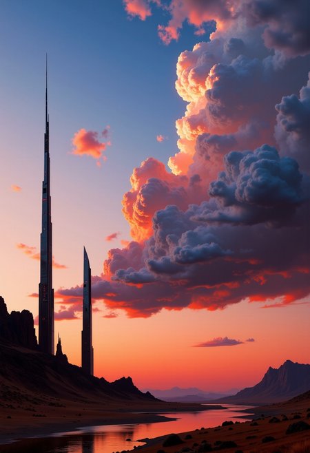 artilands02, a desolate color drenched Desert Landscape, only glimpses of RGB digital distortions are visible behind a detailed billowing wall of Clouds, atmospheric lighting, atmospheric haze, desolate towering Obelisks resembling bee hives Casting Long shadows across the Landscape,