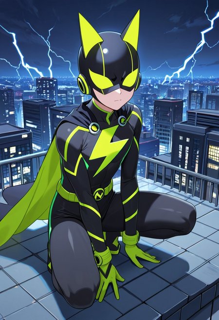 best quality, newest, absurdres, highres, high quality, masterpiece, source anime, 
super hero, male, crouching, rooftop, 
lightning bolt shaped ears, 
lightning bolt symbol on chest,
city, night, detailed background,