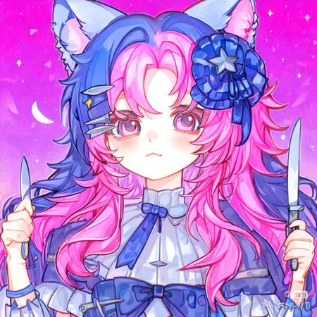 best quality, masterpiece, style201223,
 1girl, pink hair, multicolored hair, animal ears, solo, blue hair, hair ornament, holding, knife, long hair,
sample background,pink background,