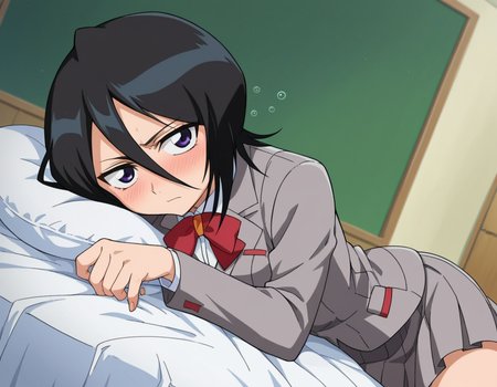 score_9, score_8_up, score_7_up, source_anime, 
rukiakuchiki, <lora:rukia-kuchiki-s1-ponyxl-lora-nochekaiser:1>, 
rukia kuchiki, black hair, hair between eyes, purple eyes, short hair,
skirt, bow, school uniform, jacket, blazer, grey jacket,
indoors, bed, bed room, on side, blush, drunk,
looking at viewer, cowboy shot, dutch angle,