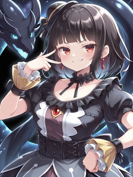 blunt bangs,moon of the closed heaven,1girl,red earrings,solo,smug,smile,looking at viewer,hand on own hip,blush,upper body,collarbone,v-shaped eyebrows,closed mouth,black dragon,black frilled choker,black mini hat,black princess dress,yellow wrist cuffs,hand up,1other,solar eclipse,space
masterpiece,best quality,amazing quality,very aesthetic,apussbsurdres,newest,<lora:Moon of the Closed Heaven illuXL v1.1:0.72>,