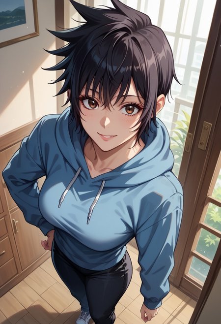 anime artwork, score_9, score_8_up, score_7_up, score_6_up, score_5_up, solo, perfect eyes, detailed eyes, beautiful female, detailed face, dynamics lines, 20 year old, perfect beautiful face, long eyelashes, sharp eyes pupils, (room:1.3), (full body), medium breasts, 1girl, black hair, short hair, spiked hair, bangs, brown eyes, blue hoodie, long sleeves, black pants, white sneakers, smile, above view, standing