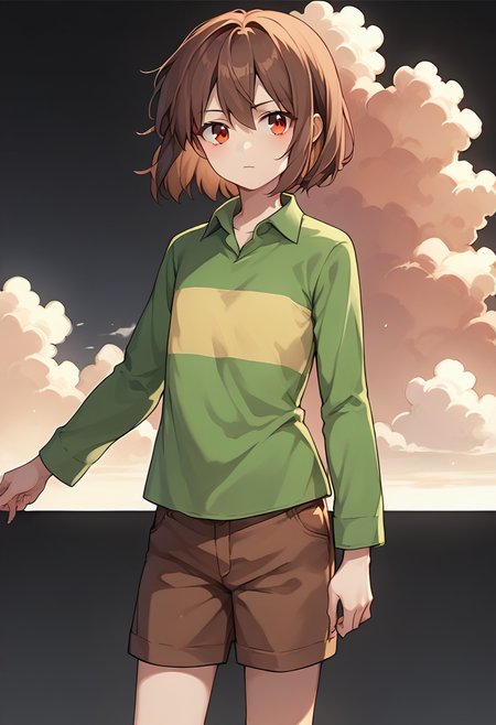 score_9, score_8_up, score_7_up, source_anime , <lora:Chara pony:0.7>, chara, 1girl, shorts, shirt, brown hair, solo, striped, collared shirt, simple background, brown shorts, long sleeves, cowboy shot, green shirt, striped shirt, red eyes, flat chest,  black sky, red sky, cumulus clouds