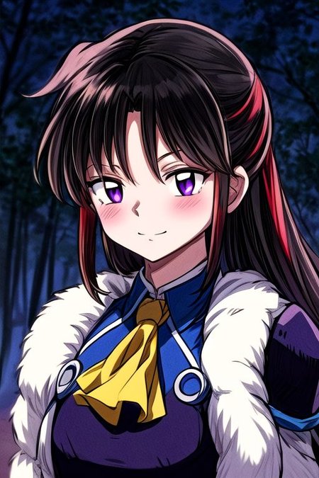 masterpiece,  best quality 1girl Setsun4 solo long hair,  (night time) forest background black hair very long hair purple eyes multicolored hair armor (fur trim) (medium body),<lora:EMS-179-EMS:0.800000>,<lora:EMS-293862-EMS:0.800000> bow, hair_bow, hair_tubes, red_bow, brown_hair, long_hair, bangs, ascot, frilled_bow, yellow_ascot, blush, smile, hair_between_eyes, athletic, armor