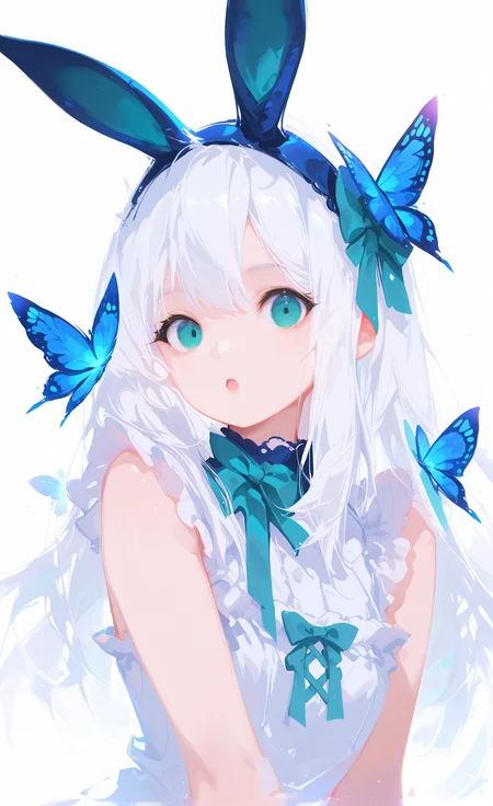 masterpiece, best quality, good quality, newest, highres, absurdres, 1girl, solo, long hair, white hair, blue eyes, aqua eyes, looking at viewer, open mouth, :o, parted lips, white dress, bow, animal ears, hair bow, frills, hairband, sleeveless, rabbit ears, sleeveless dress, fake animal ears, blue bow, frilled dress, butterfly, blue hairband, aqua bow, blue butterfly, upper body, simple background, white background, no lineart,no outline, <lora:illustriousXL_stabilizer_v1.23:0.3> <lora:NOOB_vp1_detailer_by_volnovik_v1:0.3> <lora:ponyv6_noobE11_2_adamW-000017:0.3> <lora:XXX667:0.7> <lora:MelancholyAnime:0.4> <lora:NoctFlatStyleILV0.6-Contrast:0.5> <lora:solaXL_NBVP1_lokr_V6311P:1.1>