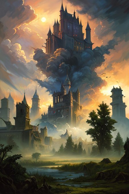 hyperrealism oil painting, ghost of the castle,
thunderstorm, and many small clouds, and slightly cloudy, fantasy forest,
an expansive ancient forest, featuring towering oaks, diverse wildlife, a variety of flora,FanRu,guiguai,
{dawn|dusk|night},