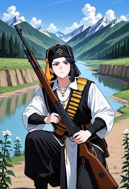 Pashlik hat
Pontic greek traditional clothes,black long sleeves,black pant, jewelry, necklace, weapon,Slanted bandolier, white collared shirt,beanie, cowboy shot, Mist, trees, tea plantation, conifers, blue sky, white clouds, steep rocks, river, valley,Crouching, holding a rifle, a tough expression, a soldier, a golden sun, mountains, flowers, soil, thorns
