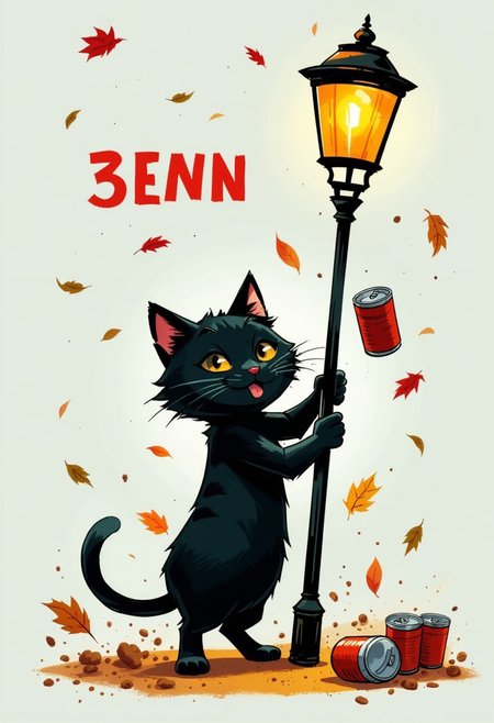 Illustration of a little black kitty holding into a streetlamp pole while a really strong wind is blowing. leaves and empty cans are flying through the air. Text on screen in red letters "颱風來了"
