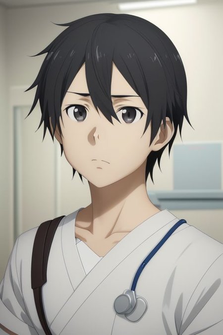 high resolution, solo, best quality, 1Boy, Kazuto Kirigaya, portraits, Black Hair, Black Eyes, bandage, patient, hospital, OverallDetail