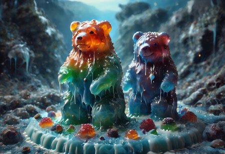 high quality, (Domination of the blue color:2), Jellystyle, stone bridge<lora:bad_prompt_version2-neg:1> <lora:By bad artist -neg:1>  <lora:Jelly_Style:1> (rainbow color grading:1.5). (Icing milk:2). (Sugar coating :1). berry made of jelly. River of milk. ais-chocsauce Mountains. Crystallized Sugar Rain. The floor is covered with honey. Multi-colored Jellystyle bears.
(Fish) Made of gum with glowing precious stones is shown into the jello realm. From the right of the frame, the Jellystyle bears.
CastleBreizh XL Mk8 on the left.
Asymetric composition, dynamic pose, field of depth, grass in the foreground. Close-up view from below.